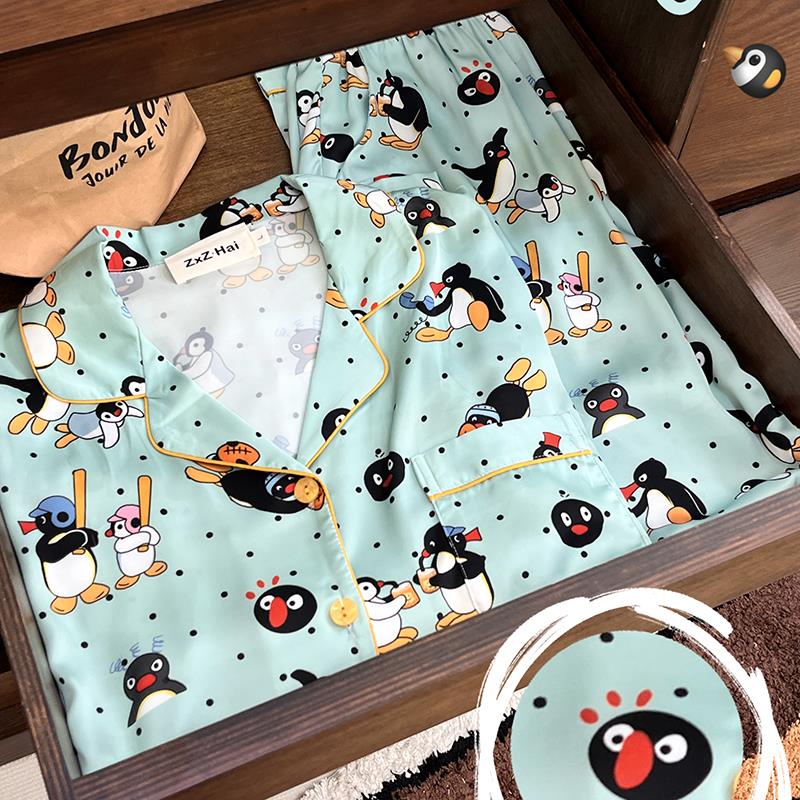侘町2025新款薄荷曼波pingu短袖睡衣女夏款冰丝家居服套装夏天季