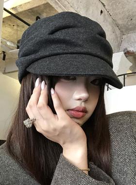日系山本风黑色褶皱贝雷帽女秋冬季显脸小马术帽复古云朵八角帽子