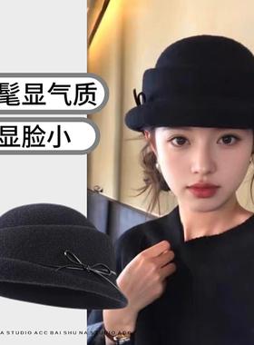 黑色礼帽贝雷帽女2025新款秋冬法式赫本风留洋千金帽子羊毛渔夫帽