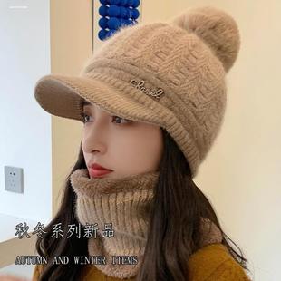 2022新款 冬天帽子女加绒加厚保暖冬季 骑车护耳兔毛针织毛线鸭舌帽