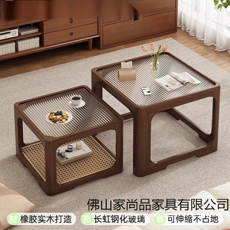 实木茶几客厅家用2025新款小户型可移动方形玻璃桌子中古风茶几桌