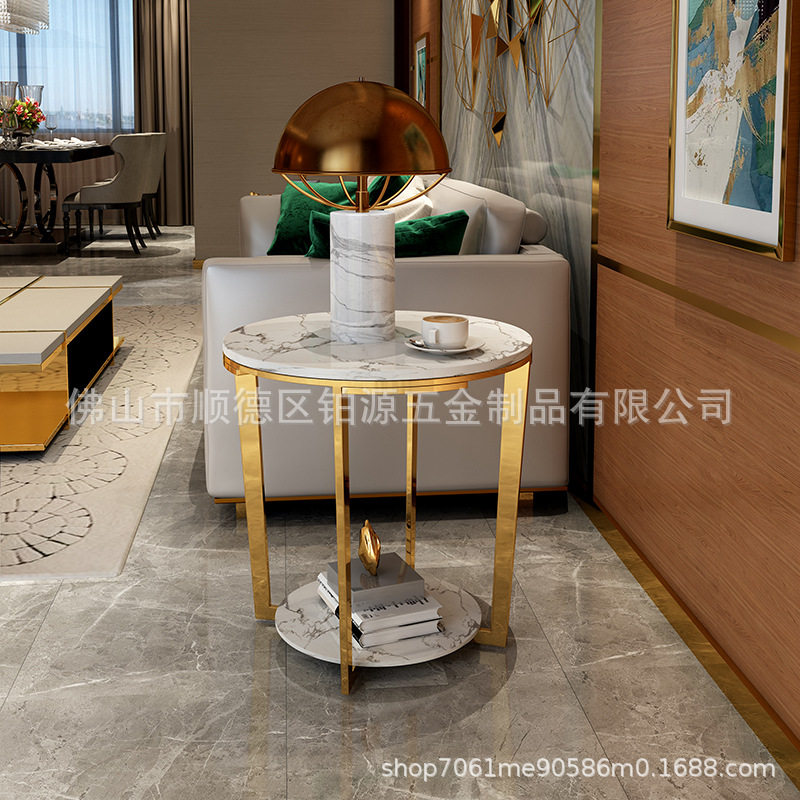 北欧轻奢大理石桌子简约金色小茶几沙发边几镀金不锈钢小户形圆几