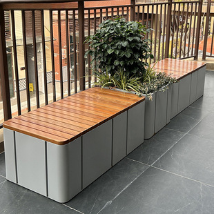 户外成品花箱座椅广场商场景观休闲坐凳不锈钢花箱实木椅小区铁艺