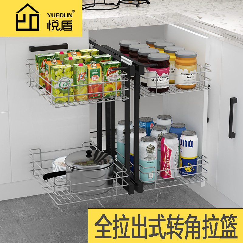 不锈钢转角拉篮厨房橱柜小怪物联动调味拉篮五金阻尼