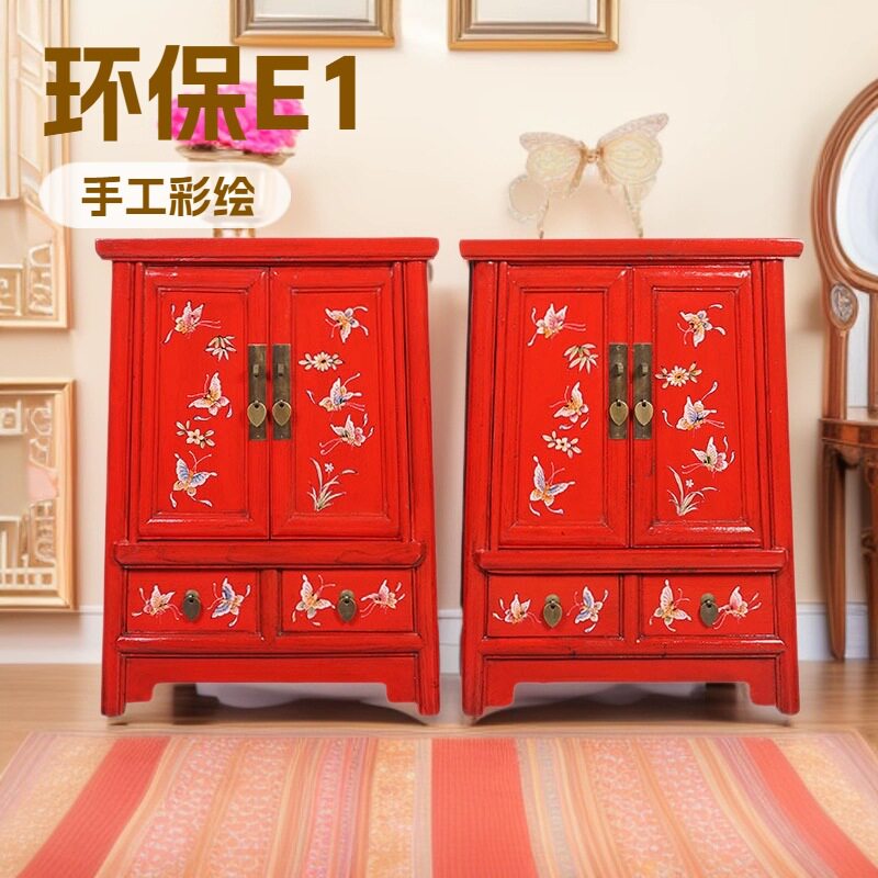 新中式彩色储物床头柜仿古小抽屉翘头柜家具手工彩绘实木古典卧室