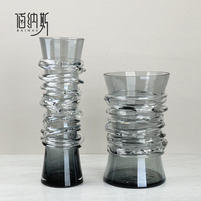 简约轻奢腰部缠丝直筒灰色玻璃插仿真花瓶北欧餐客厅创意家居摆件