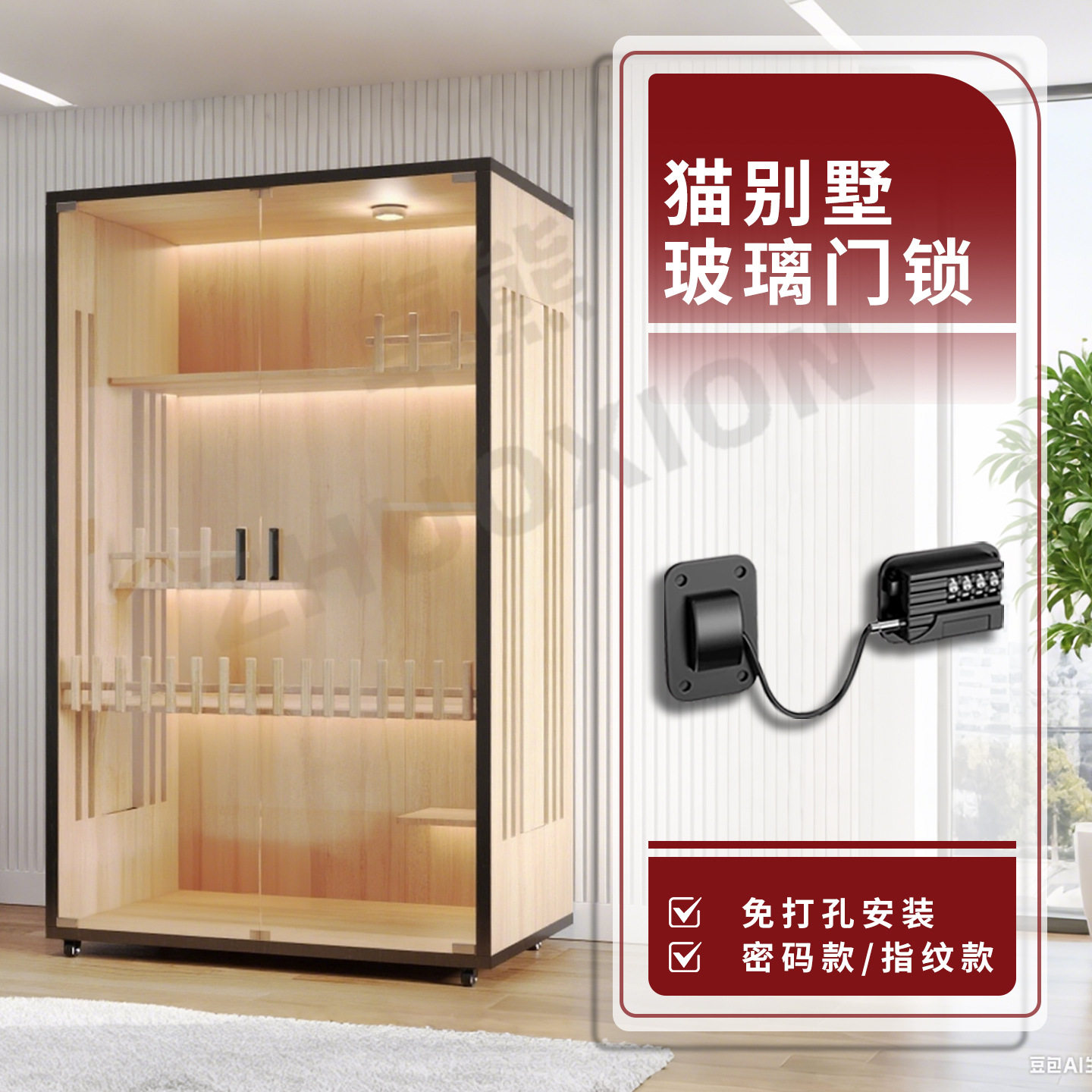 猫别墅玻璃门锁宠物家用猫舍粘贴密码锁猫柜猫笼展示免打孔卡扣锁