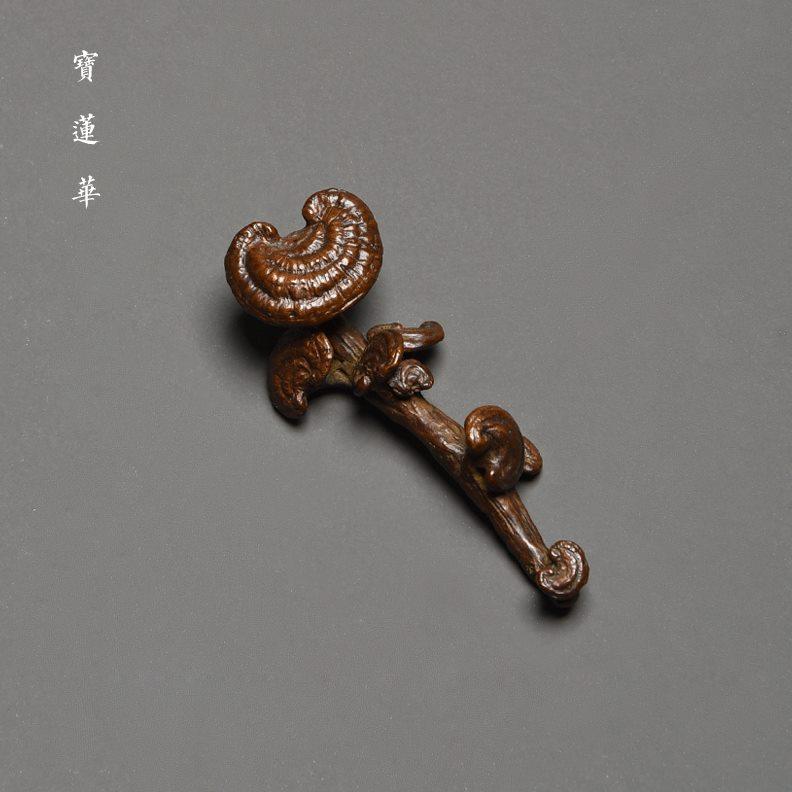 铜雕灵芝如意铜搁架 铜茶枕茶拨架笔搁铜镇纸铜筷架 茶玩茶道摆件