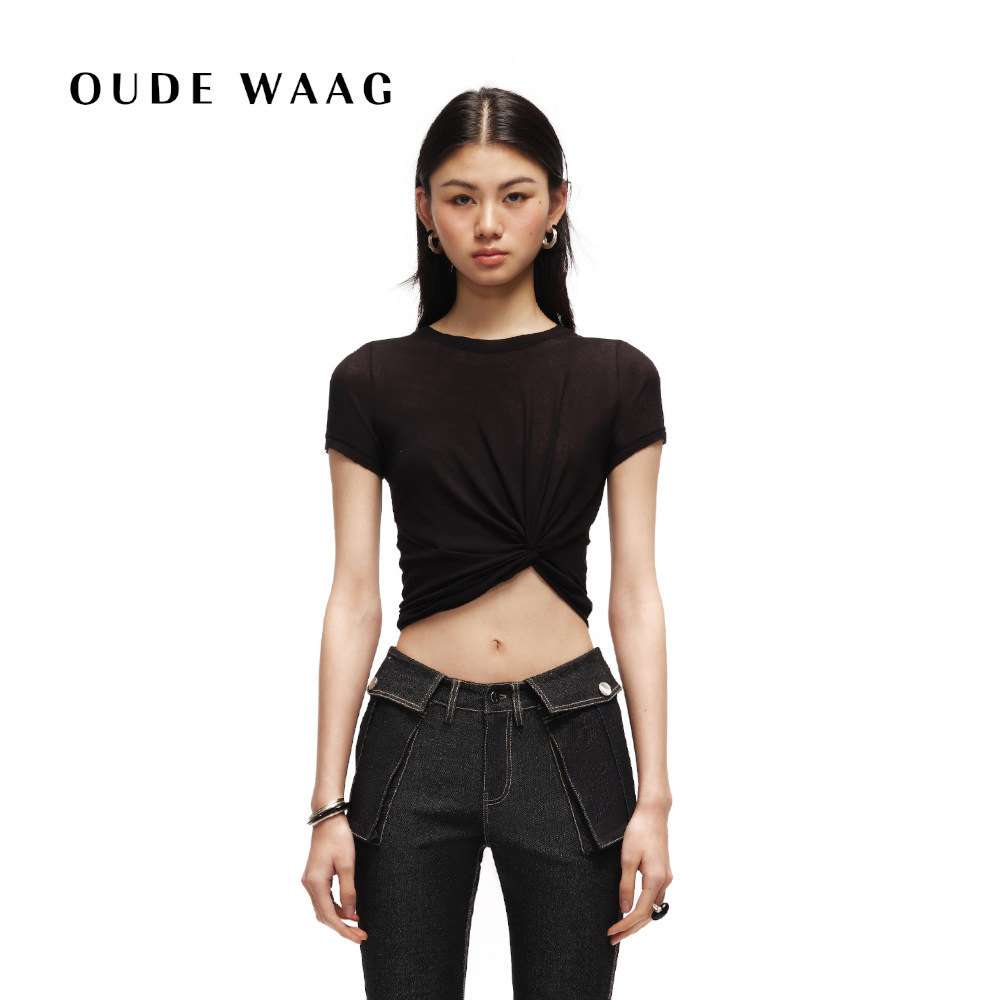 【宋轶同款】OUDE WAAG 25春夏 亲肤设计纯棉印花扭结圆领短女T恤