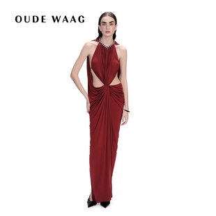 倪妮同款 弹力针织铜氨丝珍珠红色连衣裙 OUDE 经典 新年 WAAG