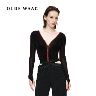 古典优雅V领弹力丝绒抽褶连体衣 26早春新款 OUDE WAAG