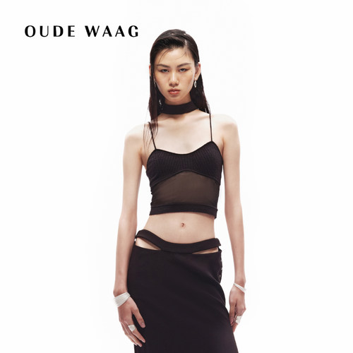 OUDE WAAG  修身吊带网纱拼接绕脖女装针织背心