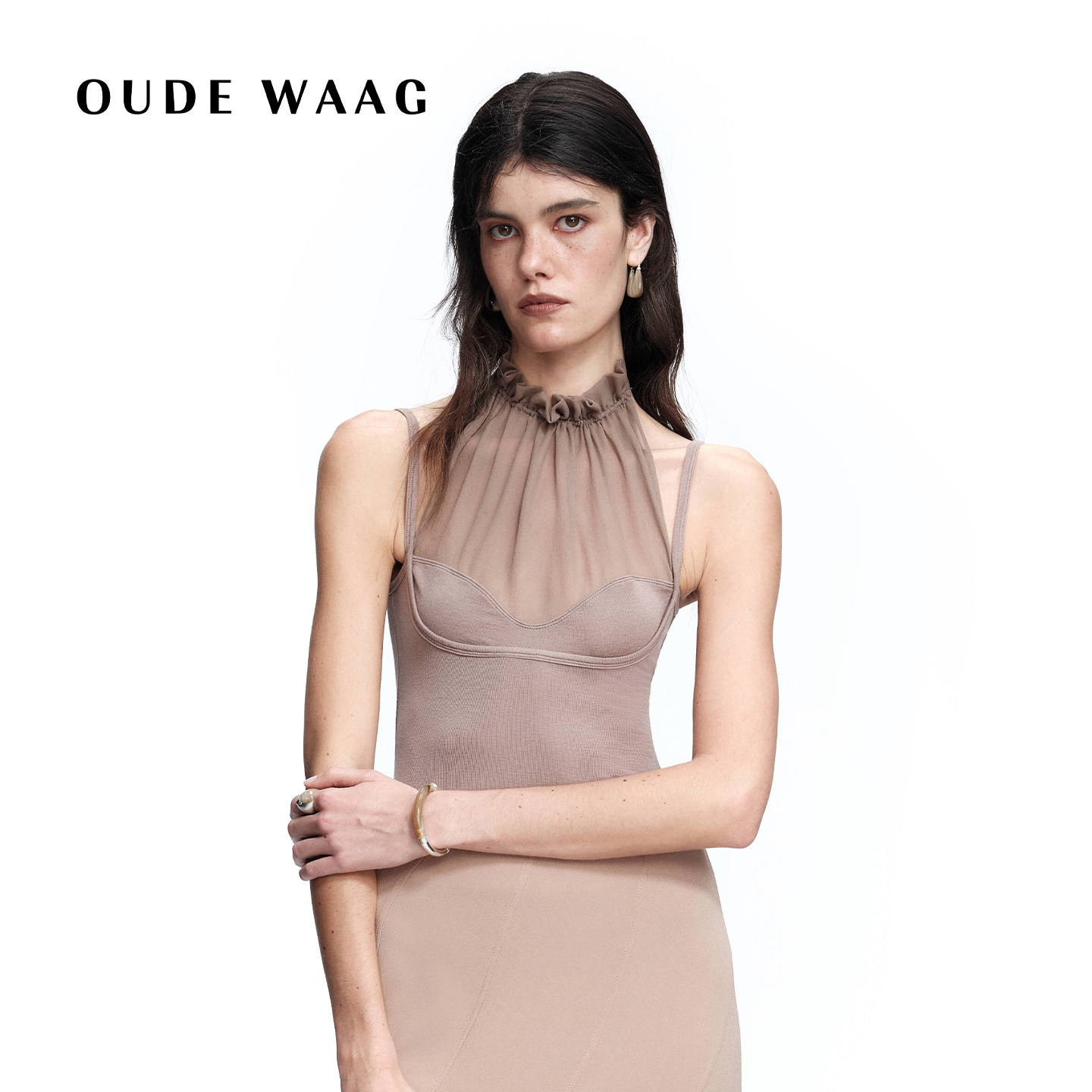 【孙艺珍同款】OUDE WAAG 26春夏新款 花边立领真丝拼接挂脖背心
