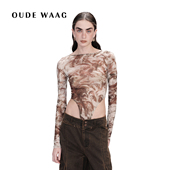 26春夏新款 OUDE WAAG 轻薄独特春日一字肩网纱印花连体衣