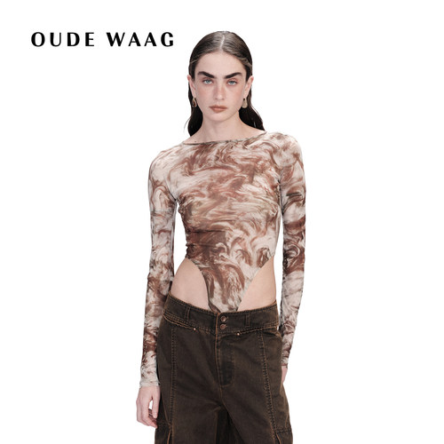 OUDEWAAG一字肩网纱印花连体衣