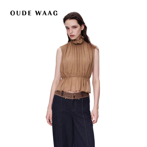 OUDE WAAG  经典 灵影真丝 收腰花边露背乔其纱短上衣