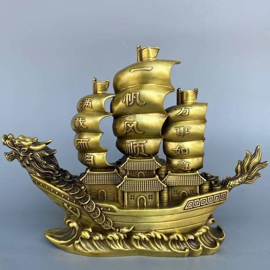 纯铜一帆风顺帆船摆件龙舟工艺品铜龙船客厅办公满载而归开业礼品