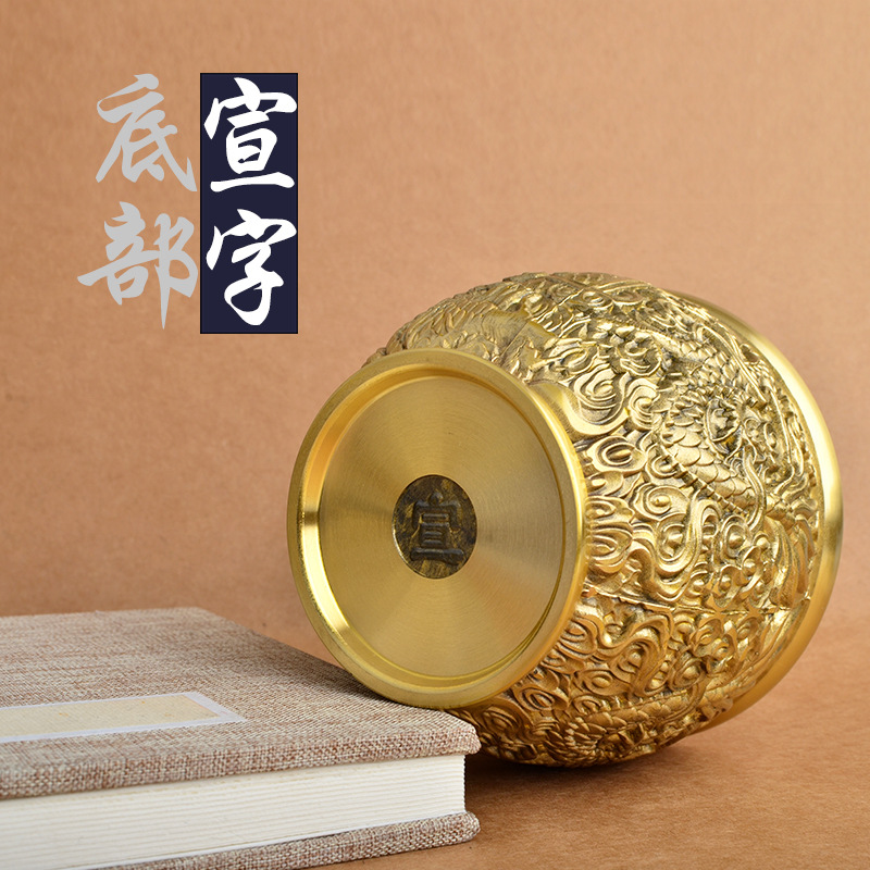 纯黄铜龙纹缸貔貅缸聚宝盆招财缸办公室客厅桌面烟灰缸创意摆件