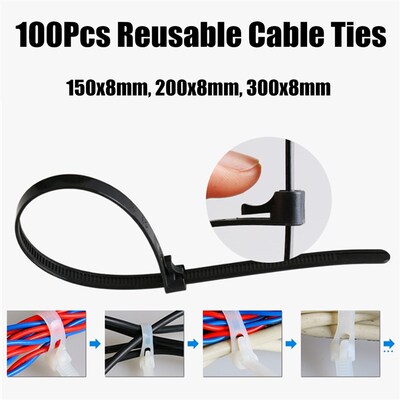 极速100Pcs Black Nylon Plastic Releasable Reusable Cable Tie