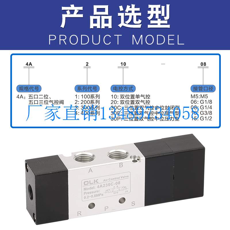配件气控阀4A430C/E/P-15三位五通中封中泄中压气动控制气缸换向