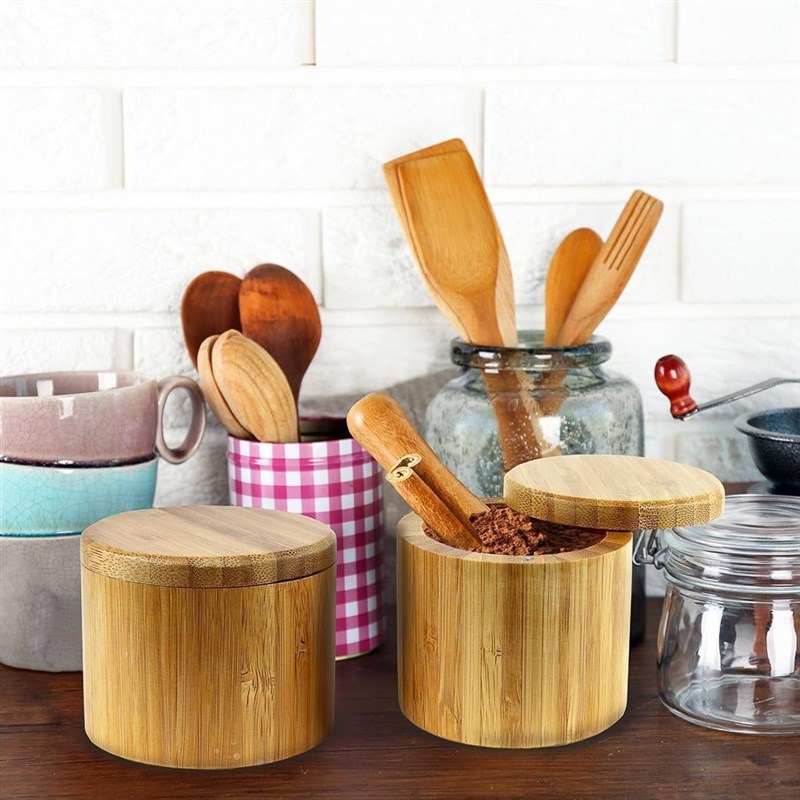 Spice Jar Wooden Round Natural Bamboo Salt Box Container Mod
