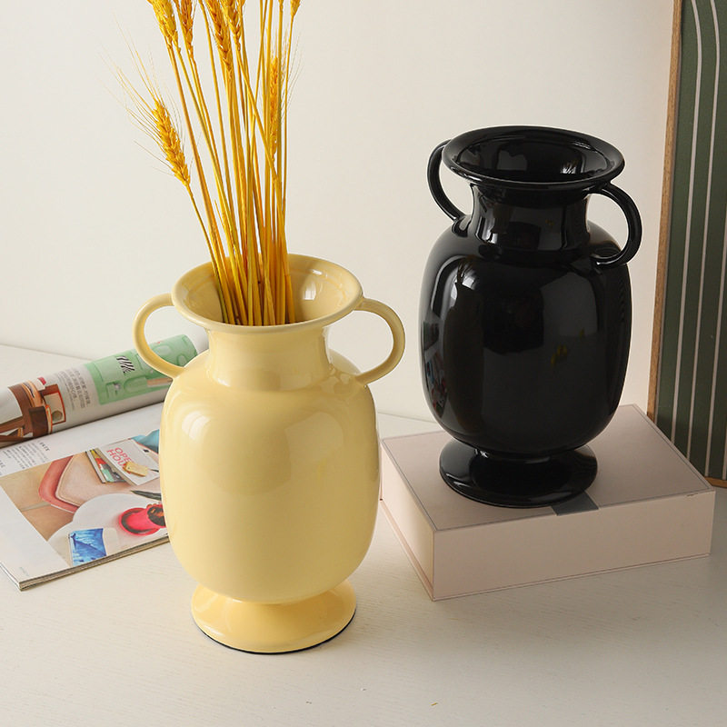 简约现代奶黄色陶瓷双耳花瓶北欧ins风插花花器桌面摆件工艺品