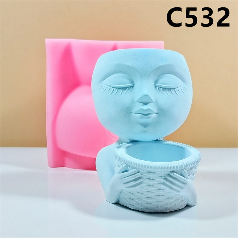 闭眼托篮人物硅胶模具 DIY手工滴胶石膏花盆收纳摆件制作模具C532