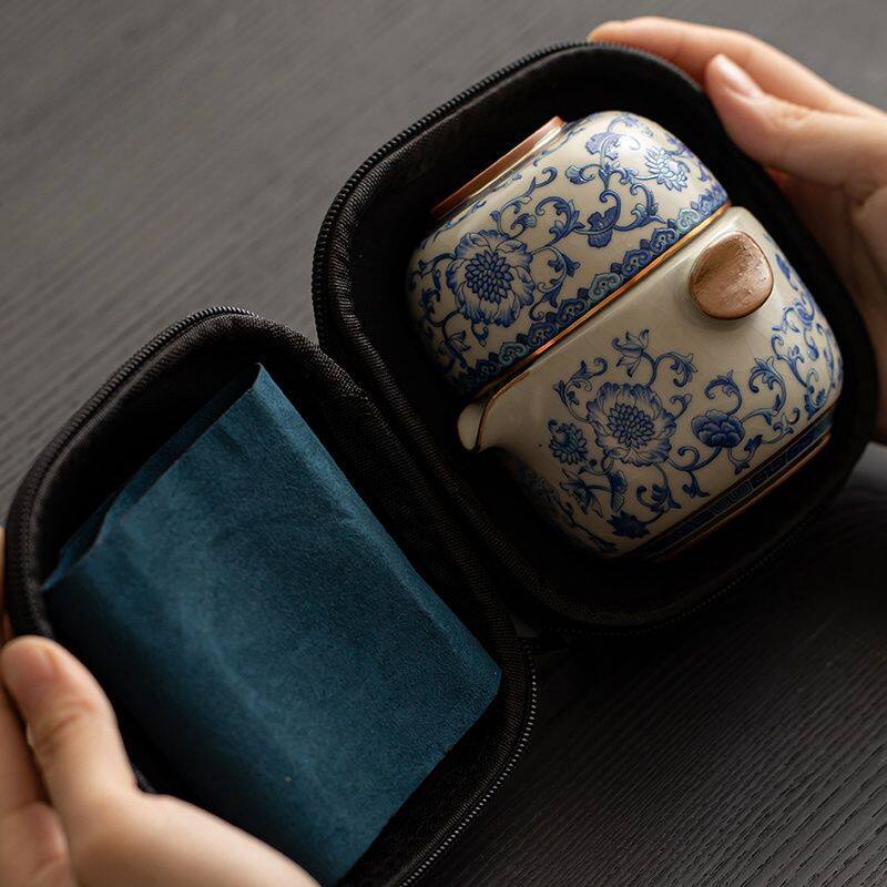 青花汝窑一壶两杯户外旅行茶具套装便携式包茶壶茶杯一人用快客杯