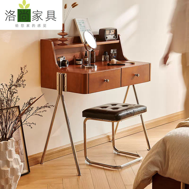 北欧实木梳妆台中古原木卧室化妆桌法式复古小户型储物日式化妆台