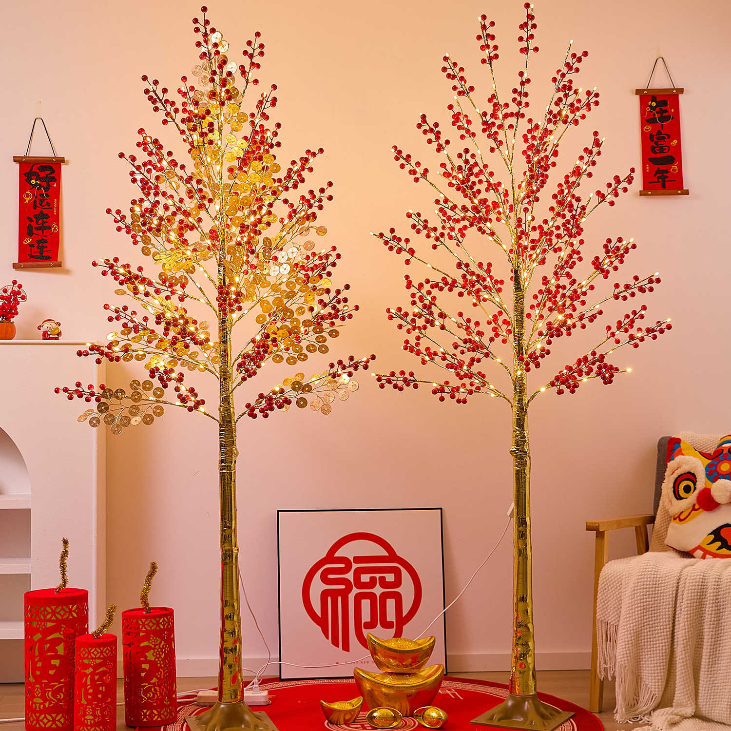 2026马年元旦新年春节装饰红果金币树灯过年场景氛围布置客厅摆件