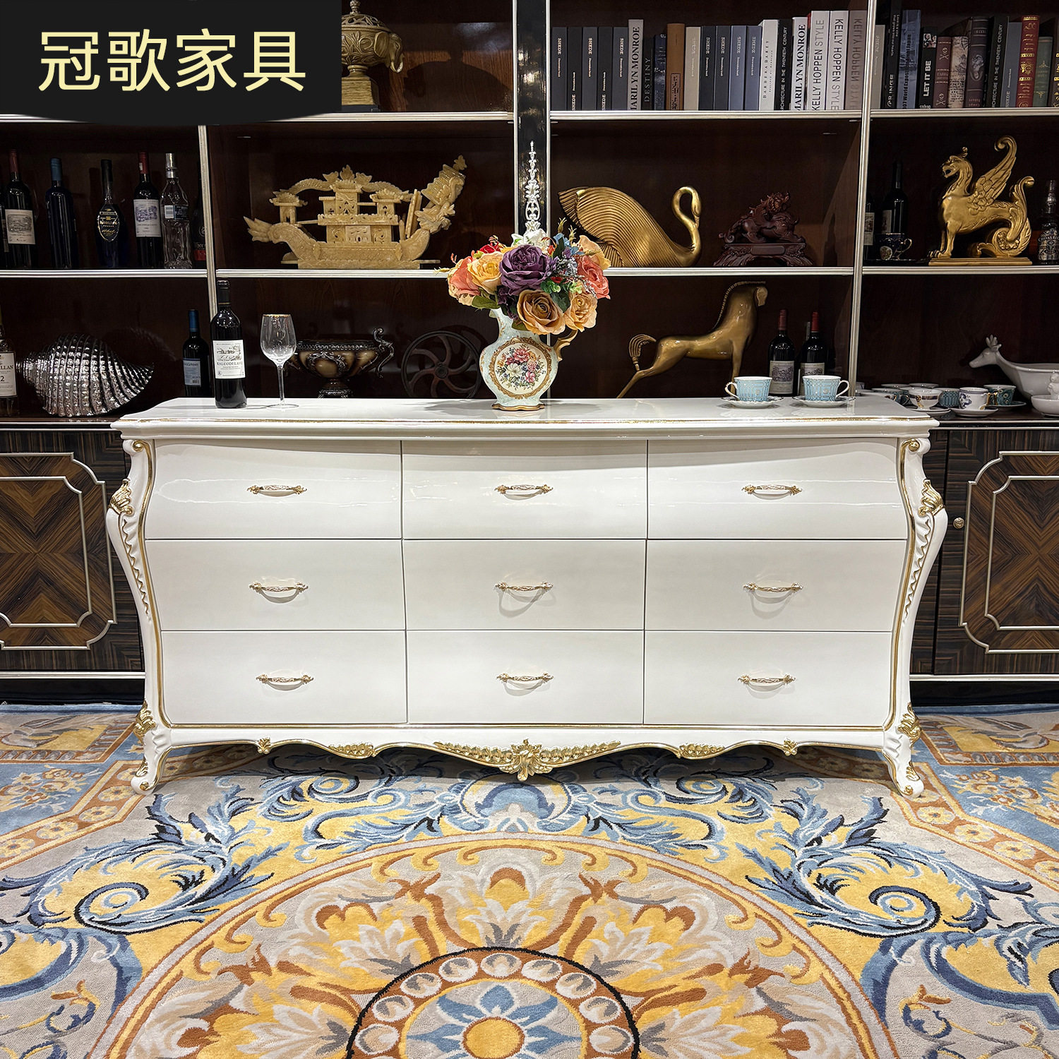 法式宫廷实木餐边柜 欧式新古典玄关柜餐厅置物柜厨房柜碗柜家用