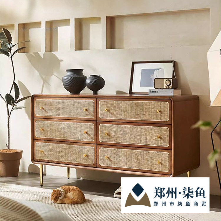 北欧实木藤编多斗收纳柜