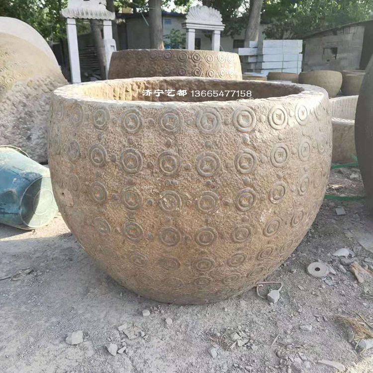 石雕花盆鱼缸青石庭院鱼缸仿古石头花盆天然石材圆盆种花中式石缸