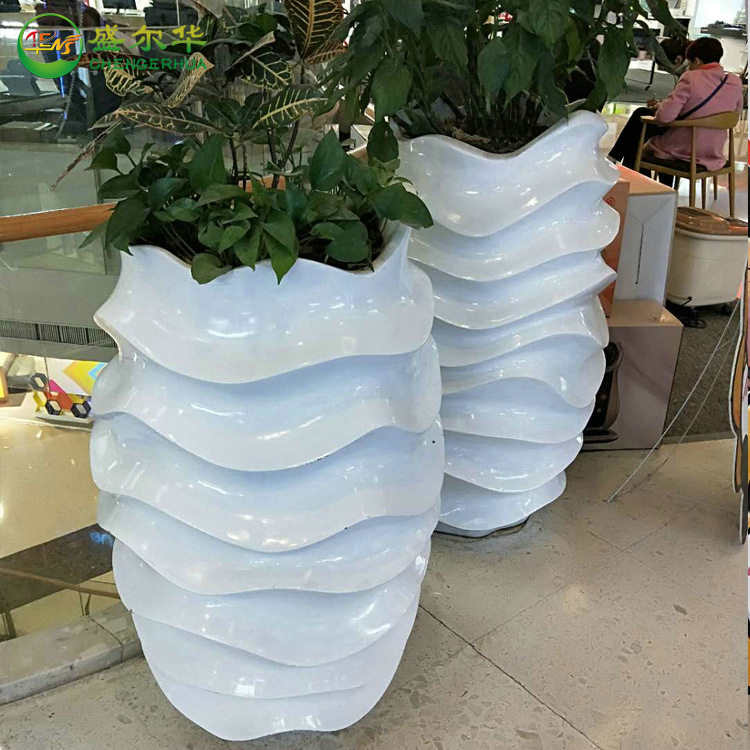 美陈玻璃钢波浪螺纹创意花盆异形花器商场酒店装饰摆件落地大花瓶