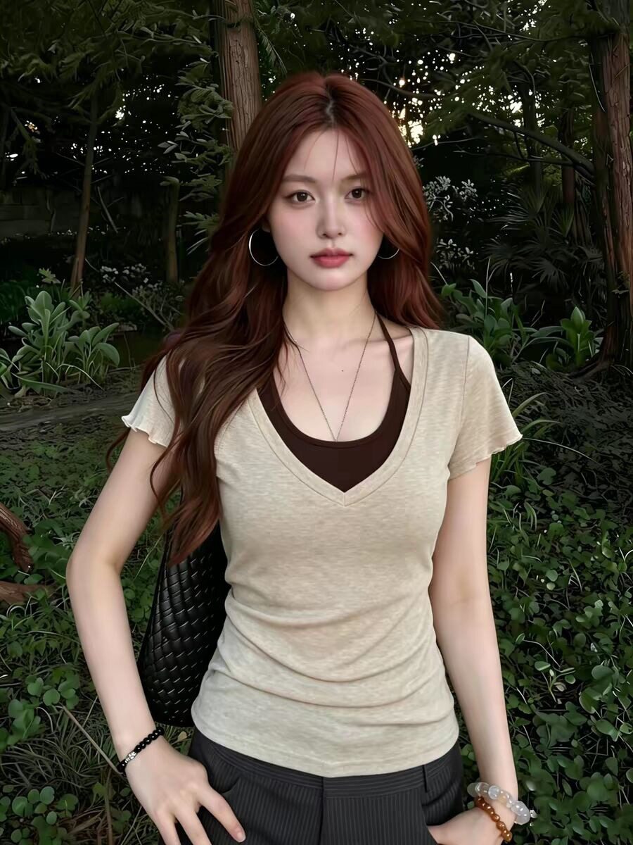 美式复古撞色假两件短袖T恤女夏T恤