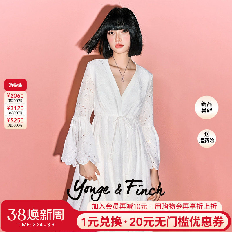 Yonge&Finch/扬芬缇重工珠片刺绣收腰V领白色连衣裙女 OLEANDERY