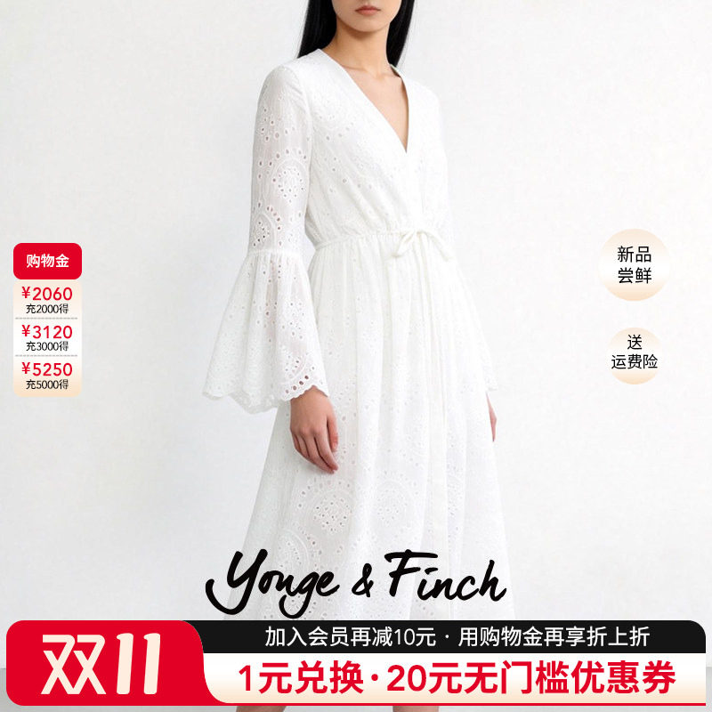 Yonge&Finch/扬芬缇重工珠片刺绣收腰V领白色连衣裙女 OLEANDERY