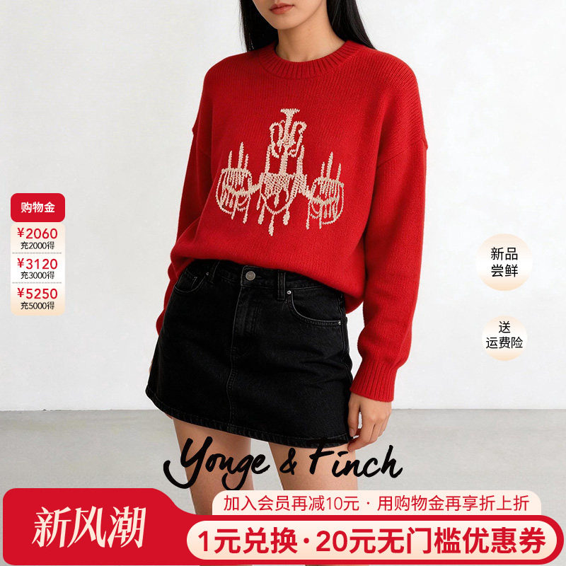 YongeFinch扬芬缇2026春冬新款红色圆领宽松针织衫女毛衣REILLYY