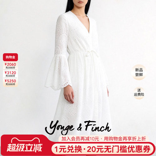 Yonge&Finch/扬芬缇重工珠片刺绣收腰V领白色连衣裙女 OLEANDERY