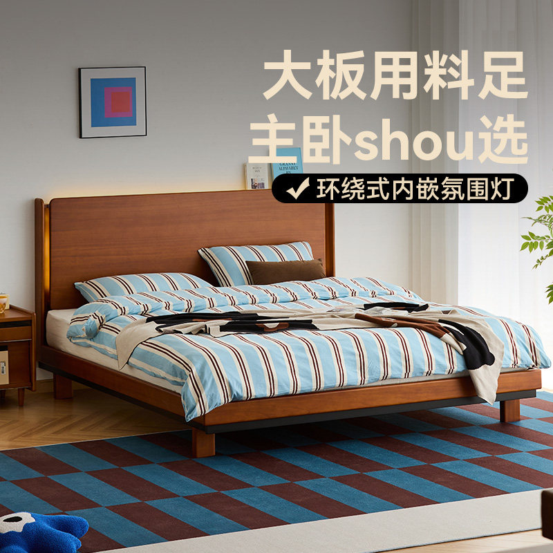 MUU家具全实木床中古风家用卧室复古1米5单人床1米8大板双人床图片