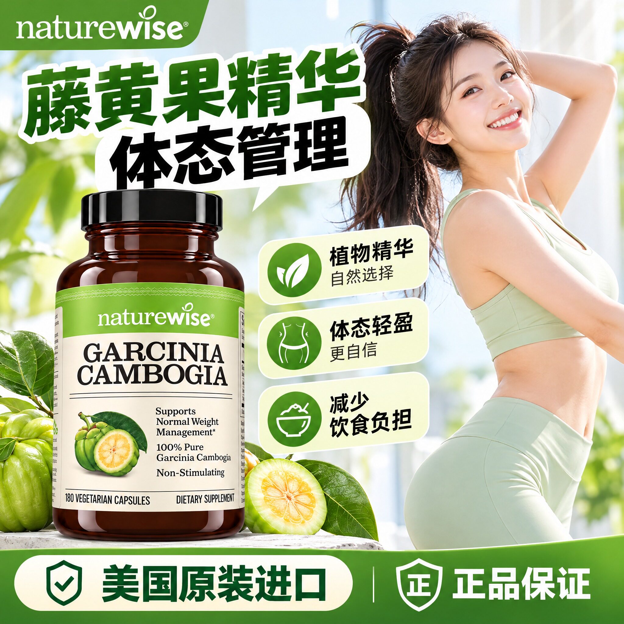 Naturewise藤黄果胶囊饱腹感管理体重热控片HCA阻断片非白芸豆