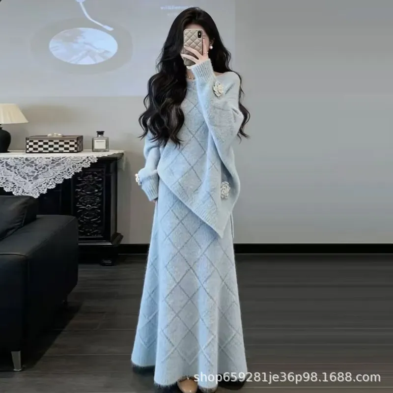 韩版慵懒松弛感穿搭高级感超好看宽松时尚慵懒软糯毛衣半裙两件套