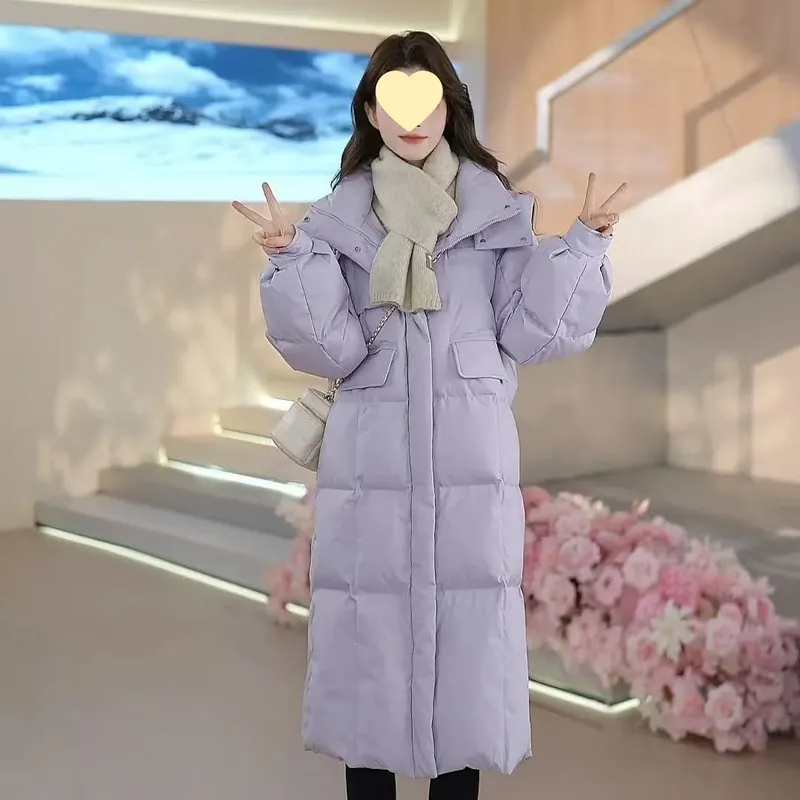 羽绒棉服冬季外套新款韩版宽松长款过膝加厚防寒大衣棉袄浅紫色