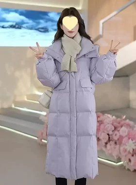 羽绒棉服冬季外套新款韩版宽松长款过膝加厚防寒大衣棉袄浅紫色