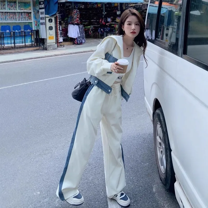 白色牛仔拼接休闲运动套装时尚减龄开衫连帽撞色小众极简韩系穿搭