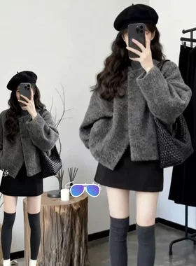 韩版慵懒松弛感穿搭灰色呢子大衣女入冬毛呢外套独特超好看短裙