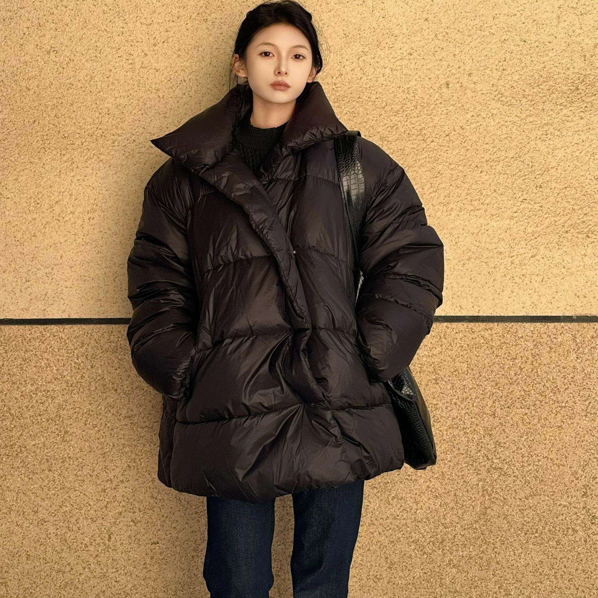 黑色羽绒服女冬季2025年新款韩版宽松加厚保暖中长款90白鸭绒外套