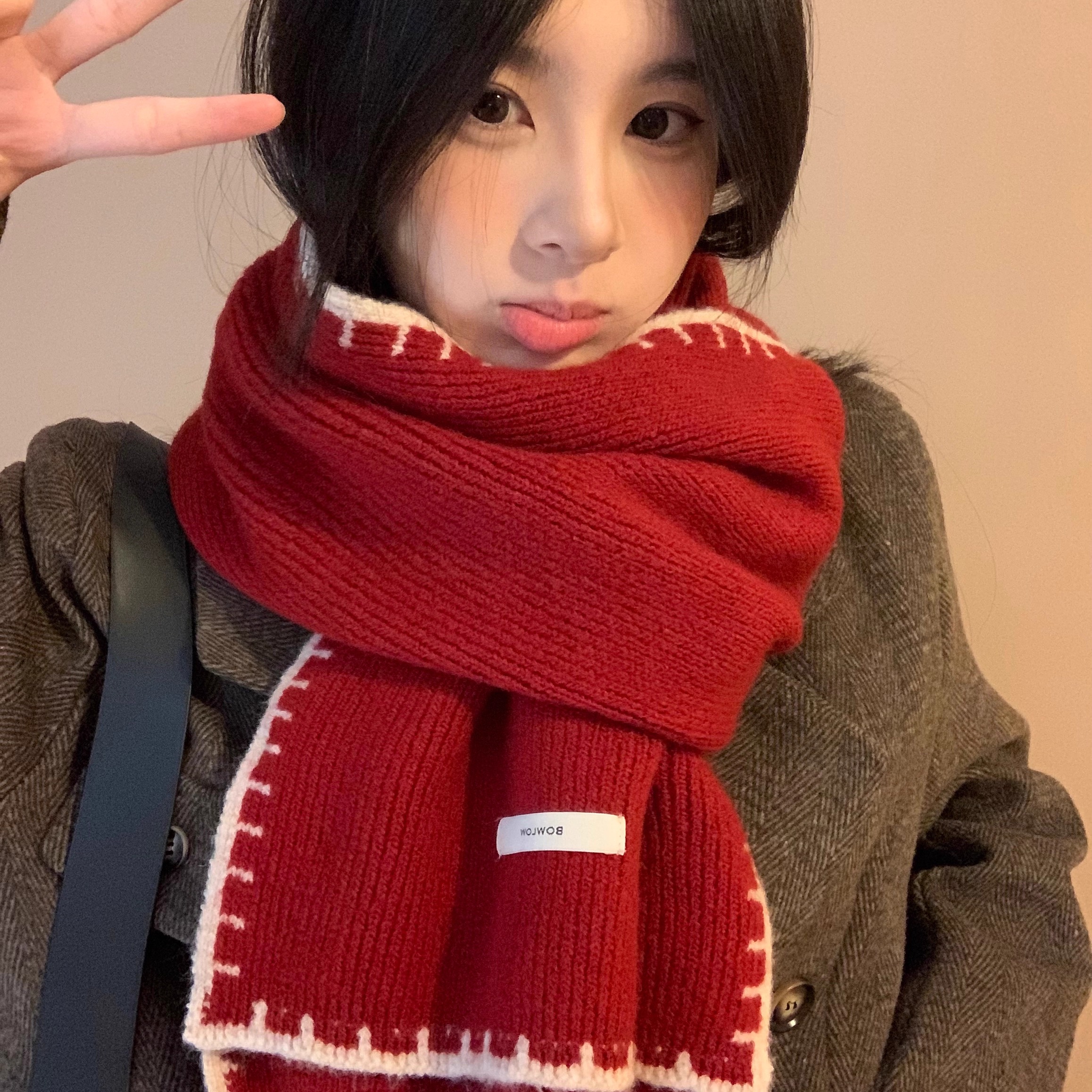 红色针织围巾女秋冬季仿羊绒2025新款韩系氛围感加厚保暖男生围脖