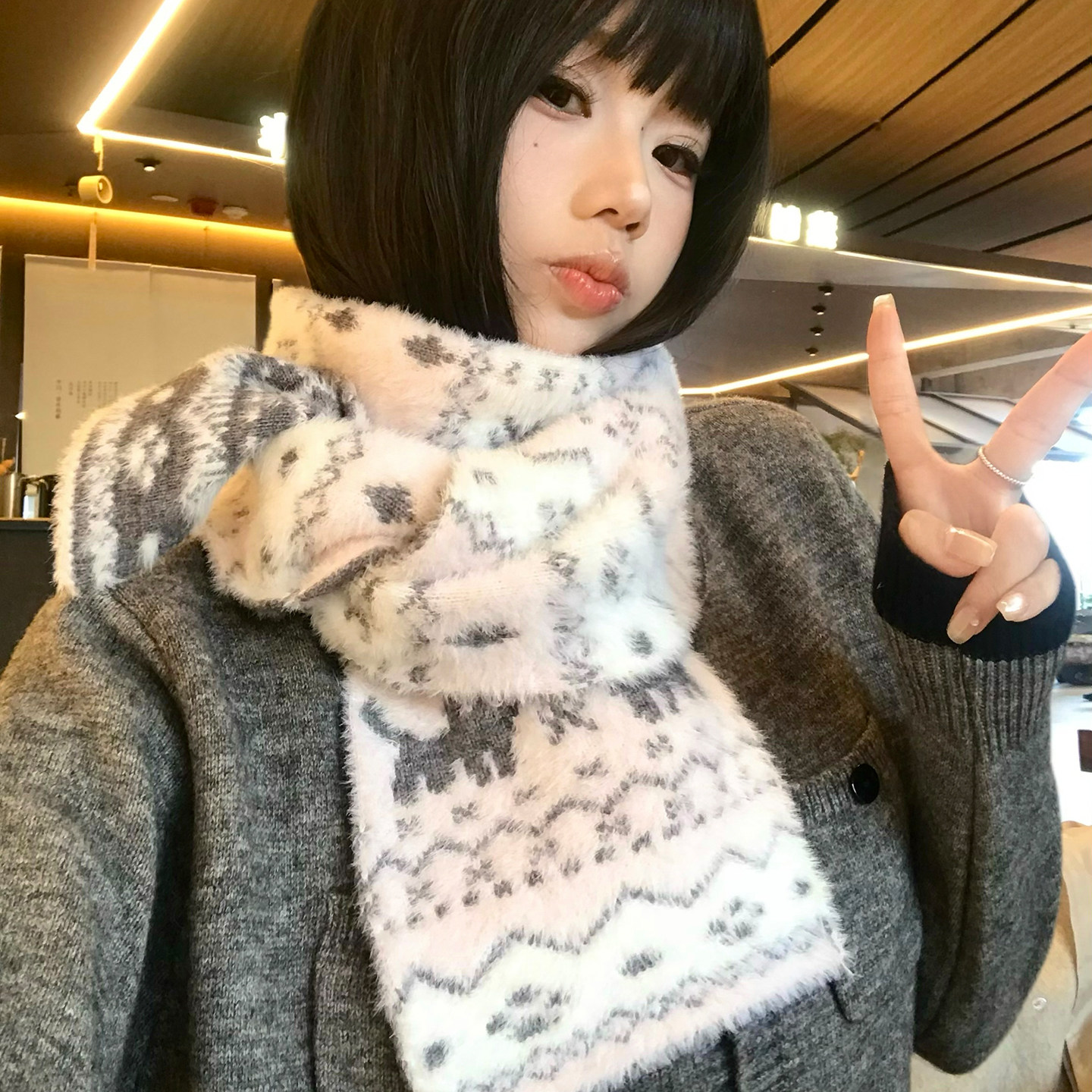 粉色费尔岛风双面猫咪针织围巾女秋冬复古韩系氛围感加厚护颈围脖