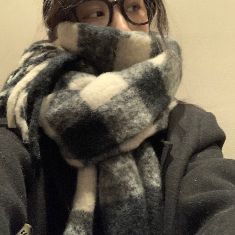 thumbnail for 2025 New Fall and Winter Fleece Thickened Scarf Women's Black and White Plaid Korean Versatile Couple Warm Scarf Winter